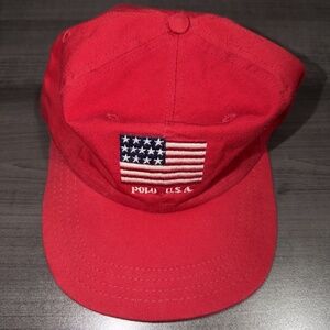 Vintage Polo Ralph Lauren USA American Flag Strapback Adjustable Hat Cap Red